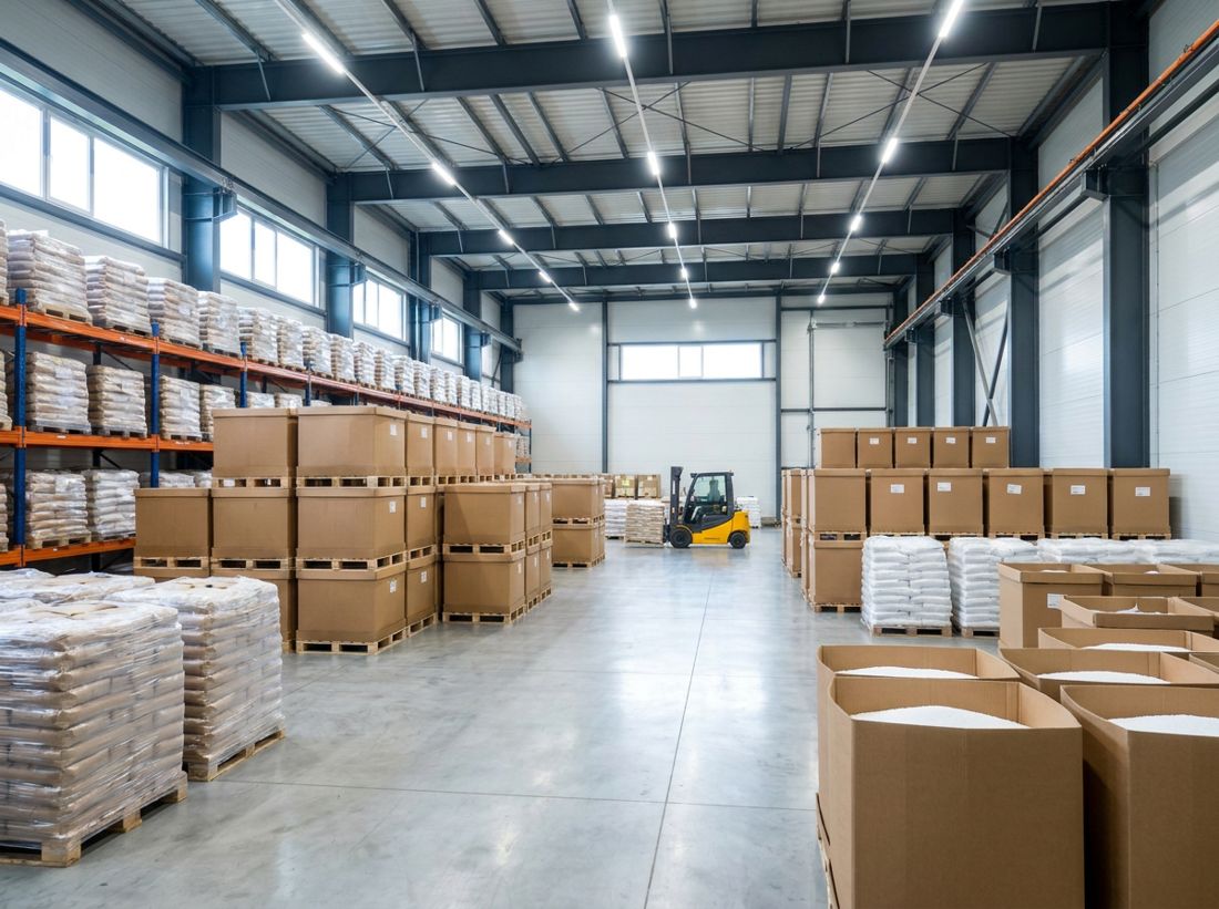 Resin distribution warehouse with pallets and gaylords